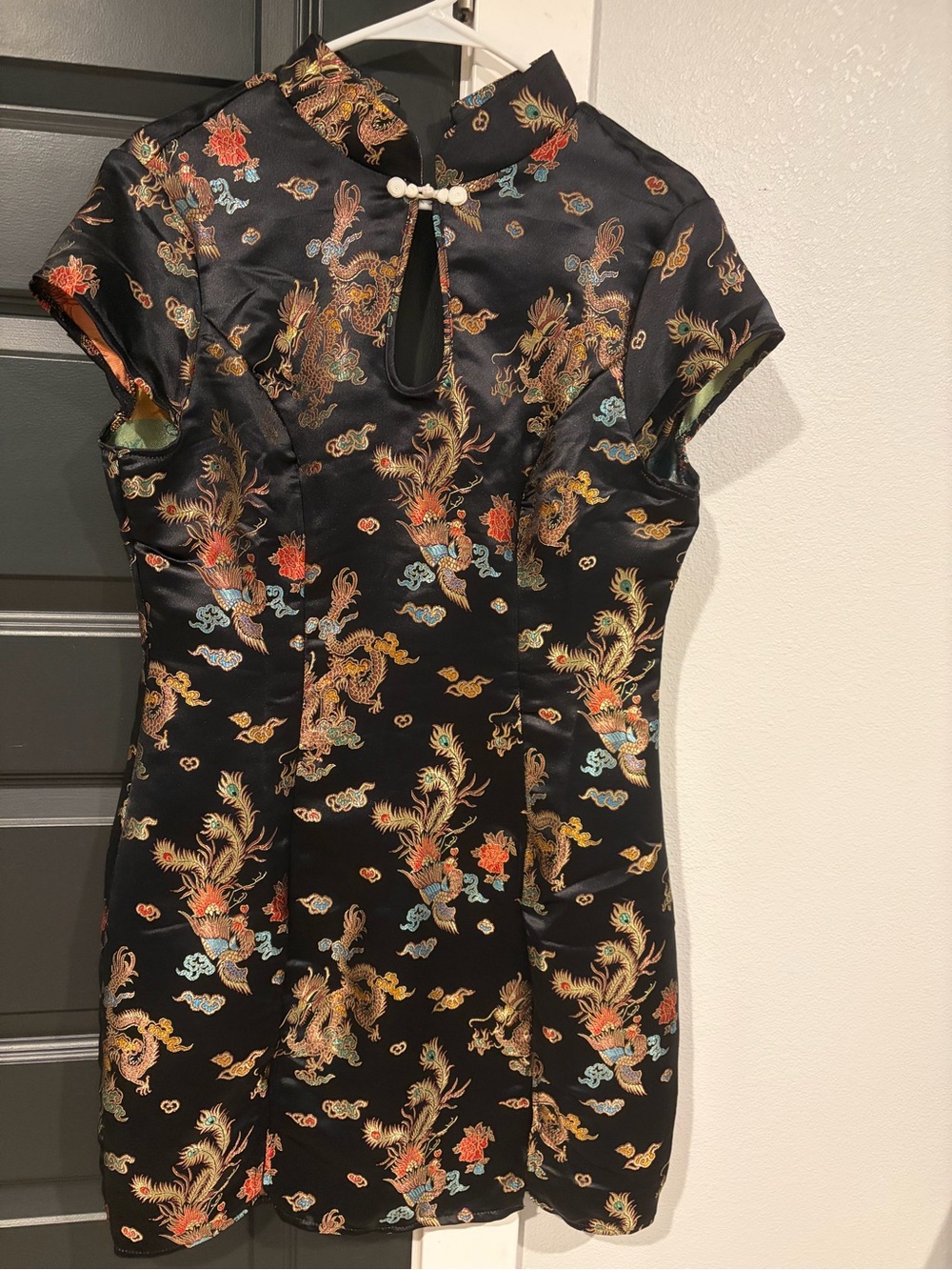 SHEIN Black Satin Mini Dress with Multicolor Dragon Embroidery